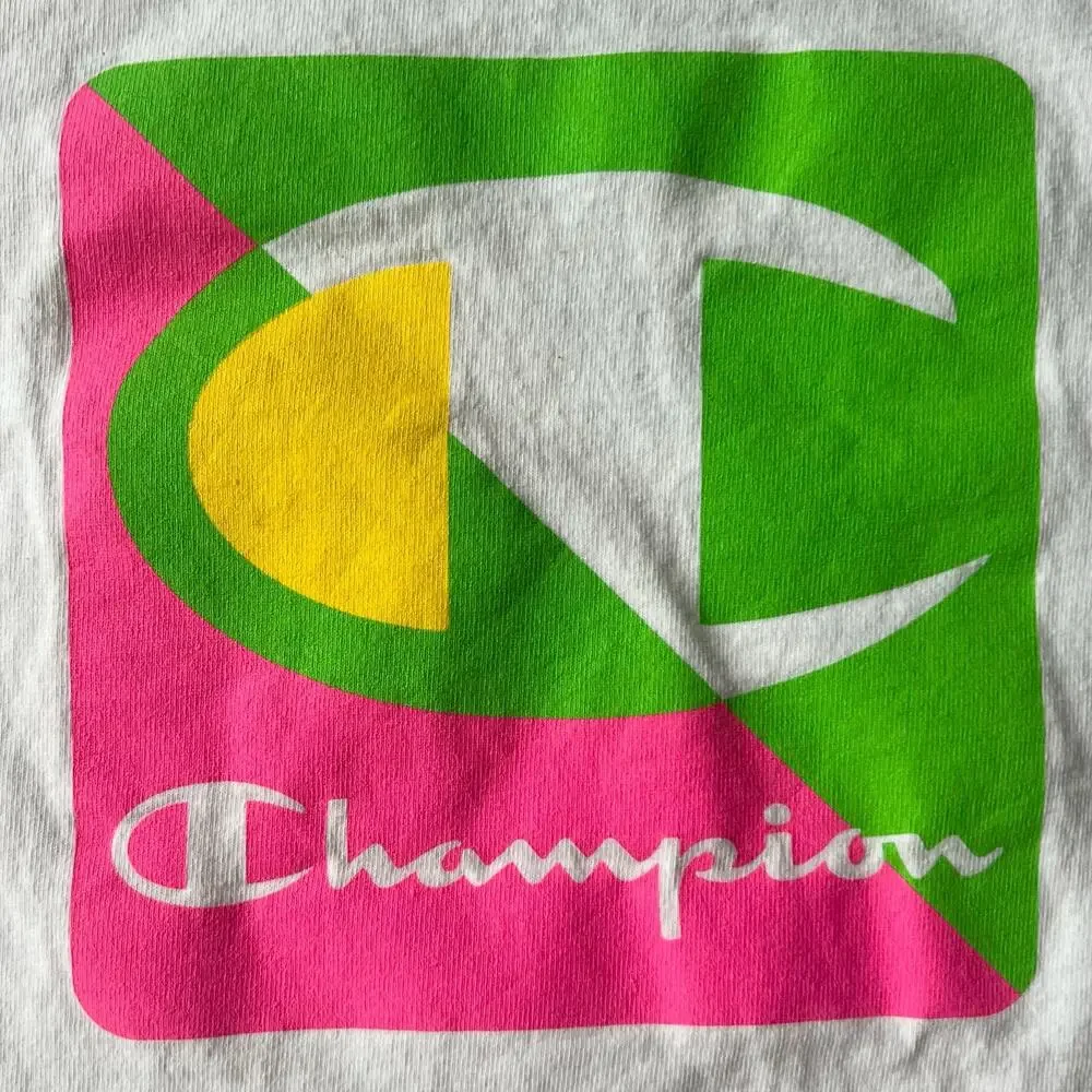 Neon Champion Logo T Shirt Embroidered Logo White Tee Pink Green L Sportswear - Picture 3 of 7